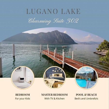 Luganersee, Pool, Strand, Parkplatz, Suite Bissone Esterno foto