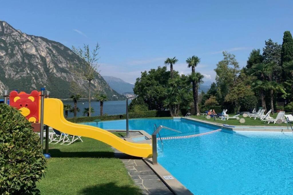 Luganersee, Pool, Strand, Parkplatz, Suite Bissone Esterno foto